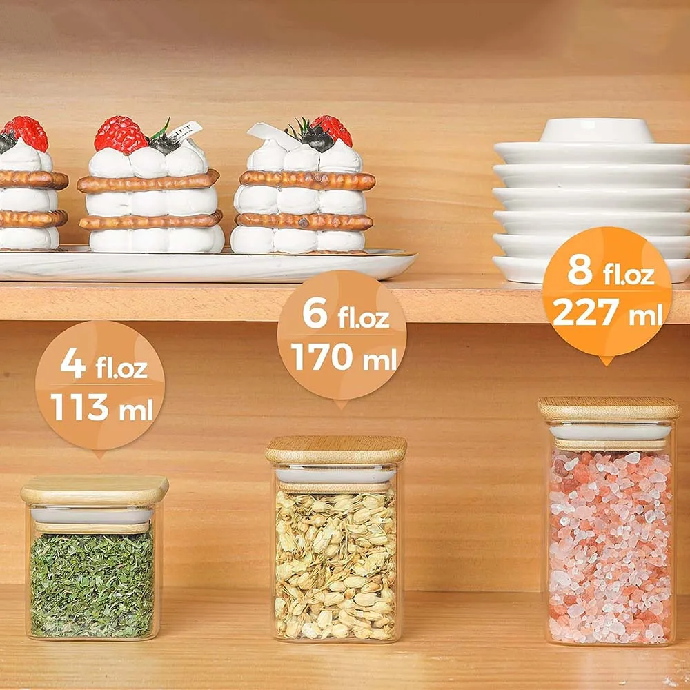 Glass Spice Jar Set, Mini Clear Food Storage Containers for pantry, kitchen canisters for Tea, Herbs, Sugar, Salt, Coffee