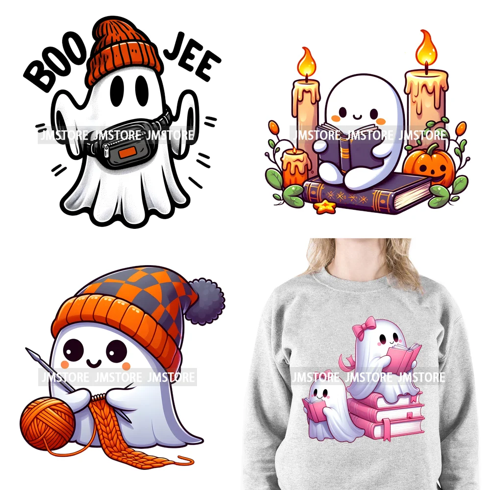 Here For The Boos Book Lover Reading Bougie Cat Dog Ghost, Halloween, calabaza, calcomanías DTF, pegatinas de transferencia de hierro para camisetas