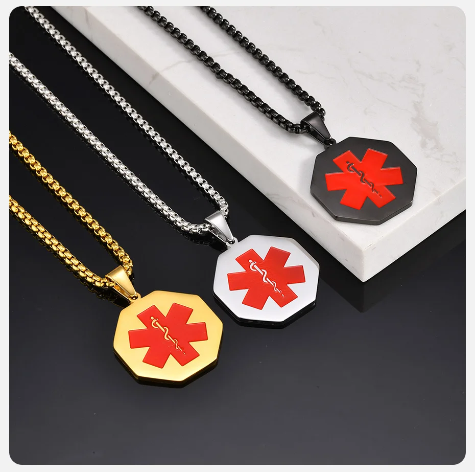 

Vnox Free Engrave Back Red Medical Necklace for Men, Stainless Steel Geometric Pendant Necklace, Jewelry Gifts for Father's Day