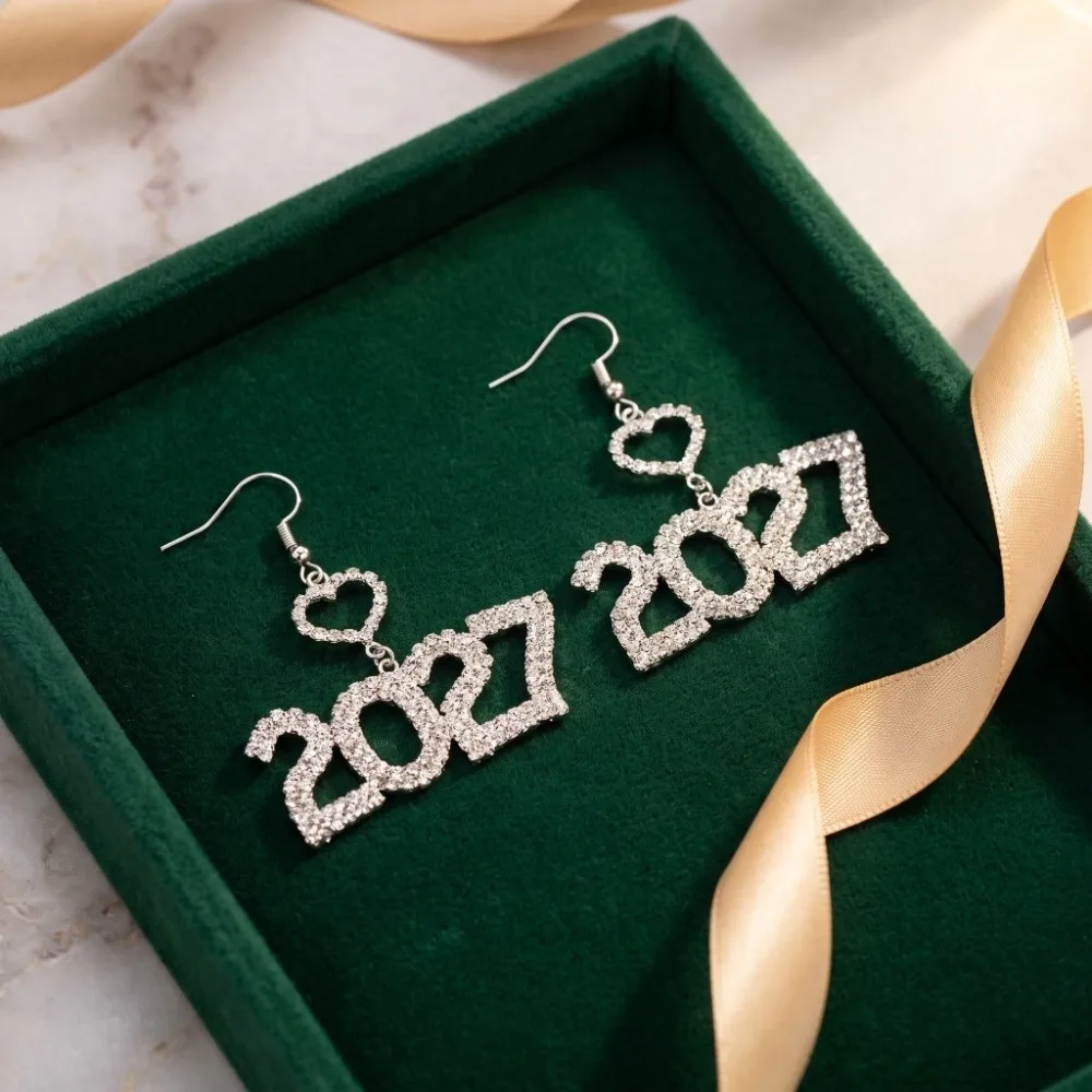 Elegant 2027 Digital Earrings Hollowed-out Fashion Heart-Shaped Happy New Year Earrings Long Drop Rhinestone