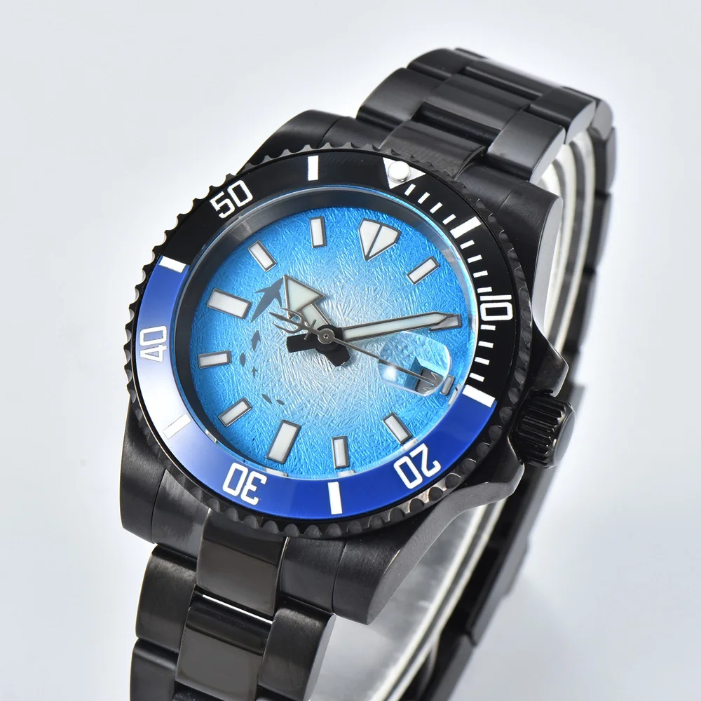 40mm Watch Men\'s Business Watch Luminous Aseptic Shark Dial Sapphire Glass Black Stainless Steel Case Bracelet Movement NH35