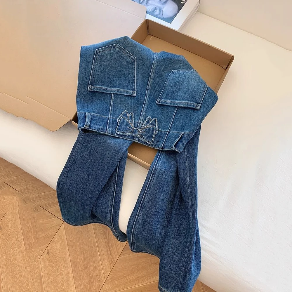 

Винтажные женские джинсы с блестящими бриллиантами и бантом, весенне-осенние модные джинсовые брюки с высокой талией, темно-синие повседневные свободные прямые джинсы