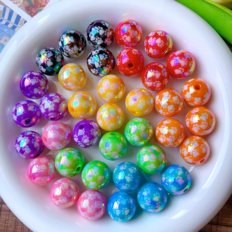 10Pcs UV AB Coated Mixed Cat Paw Print Round Beads Straight Hole Loose Beads For Handmade Jewelry Making Supplies