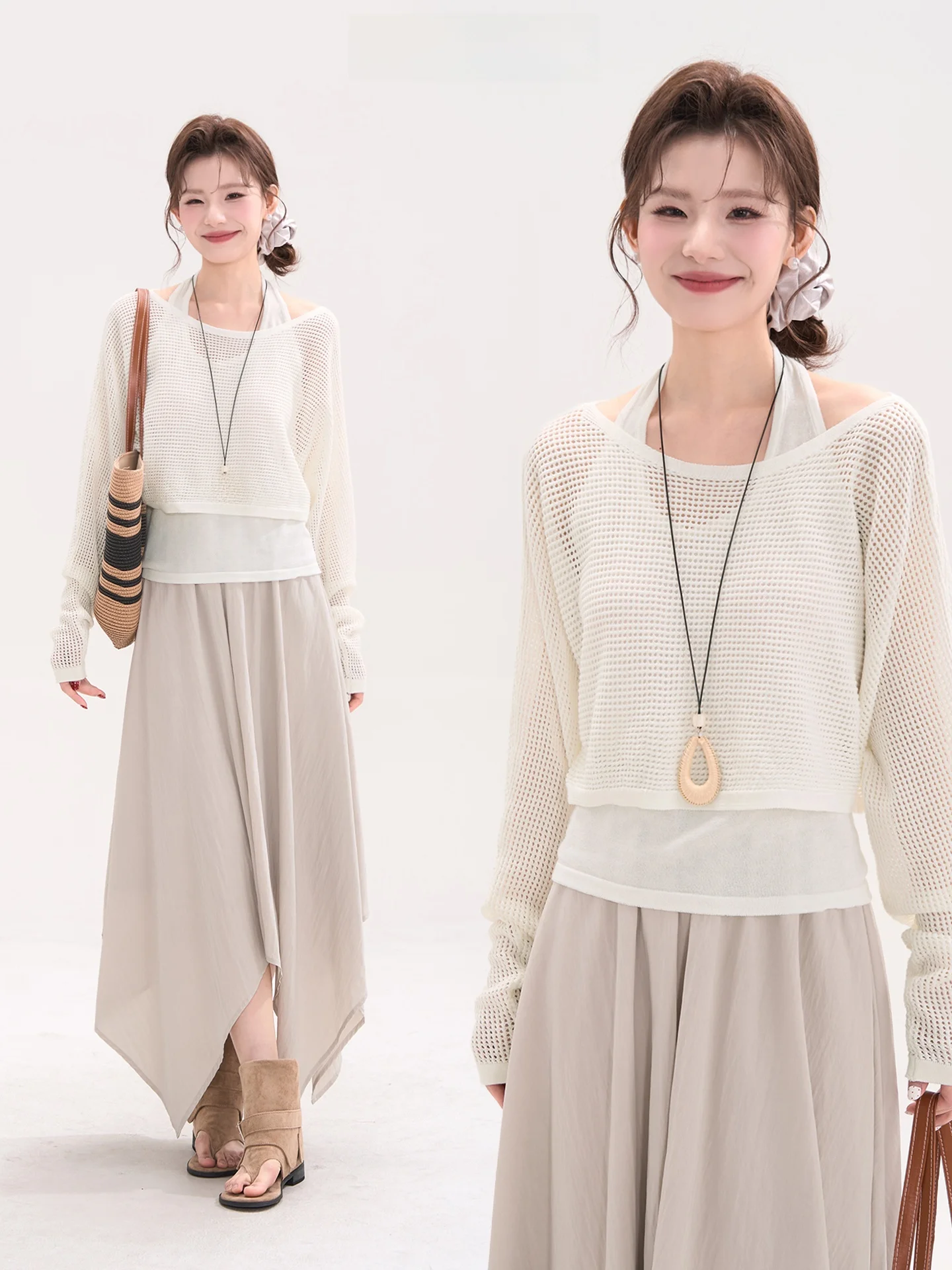 

Good Night Cookie Theme Commute Knitted Hollow out Ne Hanging Top Women's Spring Two-Piece Set Loose Fit Long Sve ort ...