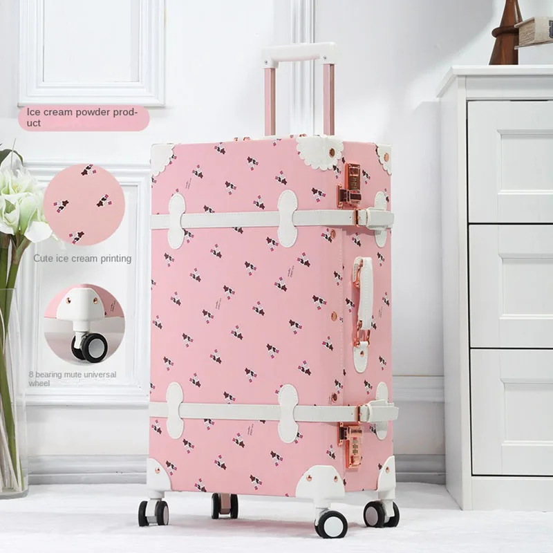 Retro Suitcase Women 20 22 24 26 inch Carry-on Luggage Cabin Suitcases Universal Wheel Pink and Blue PU Trolley Case