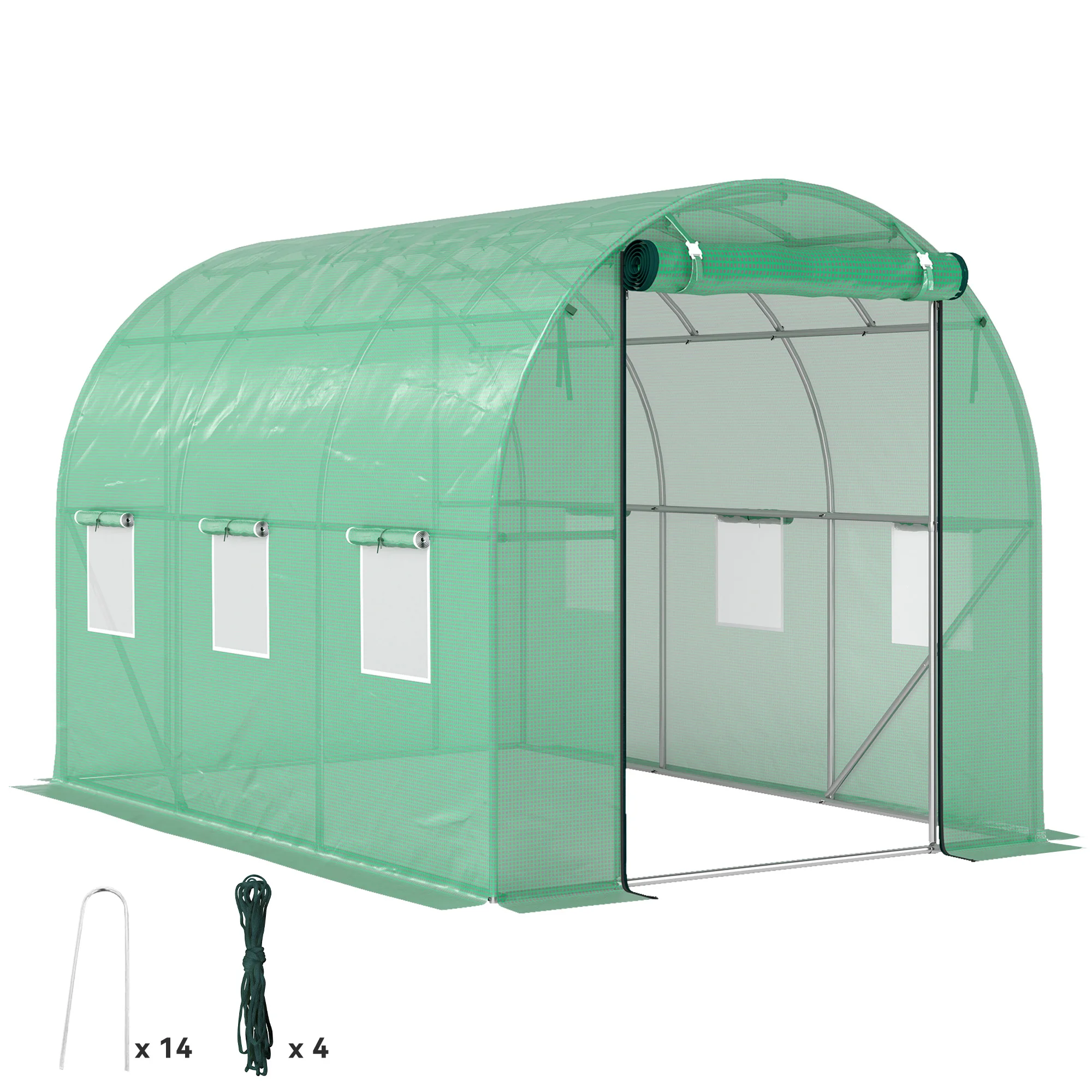 Outsunny Serre de jardin 6 m², serre tunnel de jardin 3 x 2 x 2 m avec porte enroulable et 6 fenêtres en maille, serre en acier galvanisé et PE haute densité 170 g/m², résistante aux UV, vert