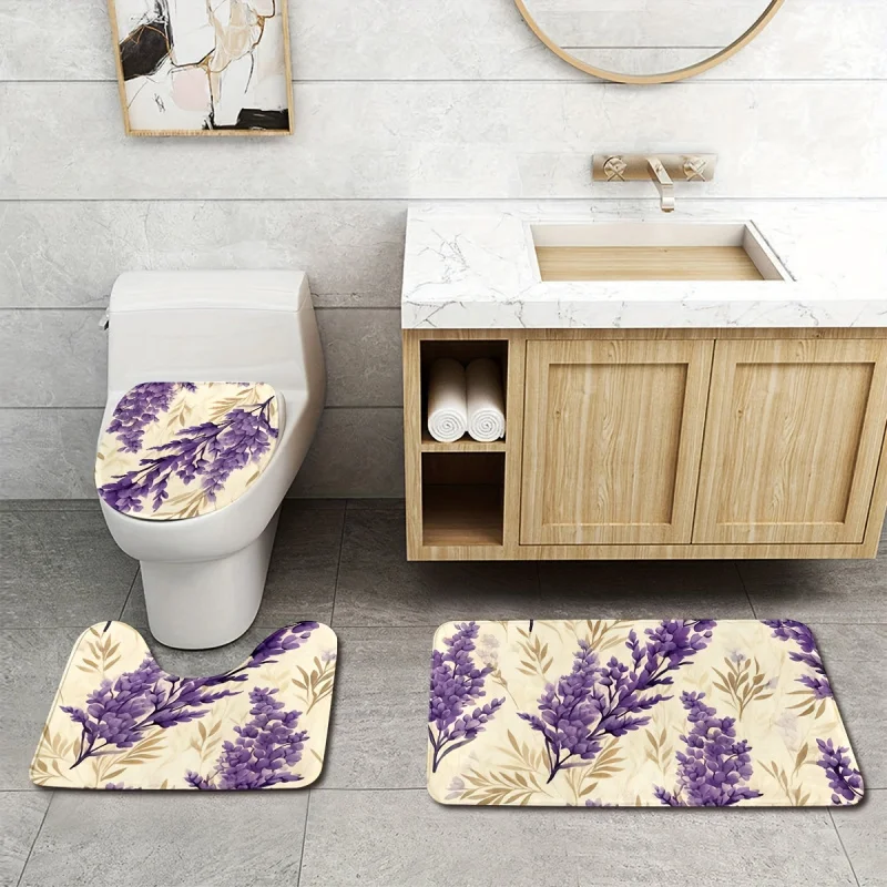 3 pcs/Set Lavender Print Rugs And , Anti-slip , Soft Machine Washable Bath Mats For Bathroom, Floor Car