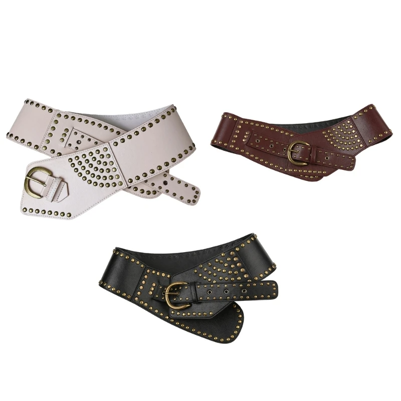 

A2ES 2000s Waist Belt for Pants Punk Rivet Studded Waistband PU Leather Waiststrap