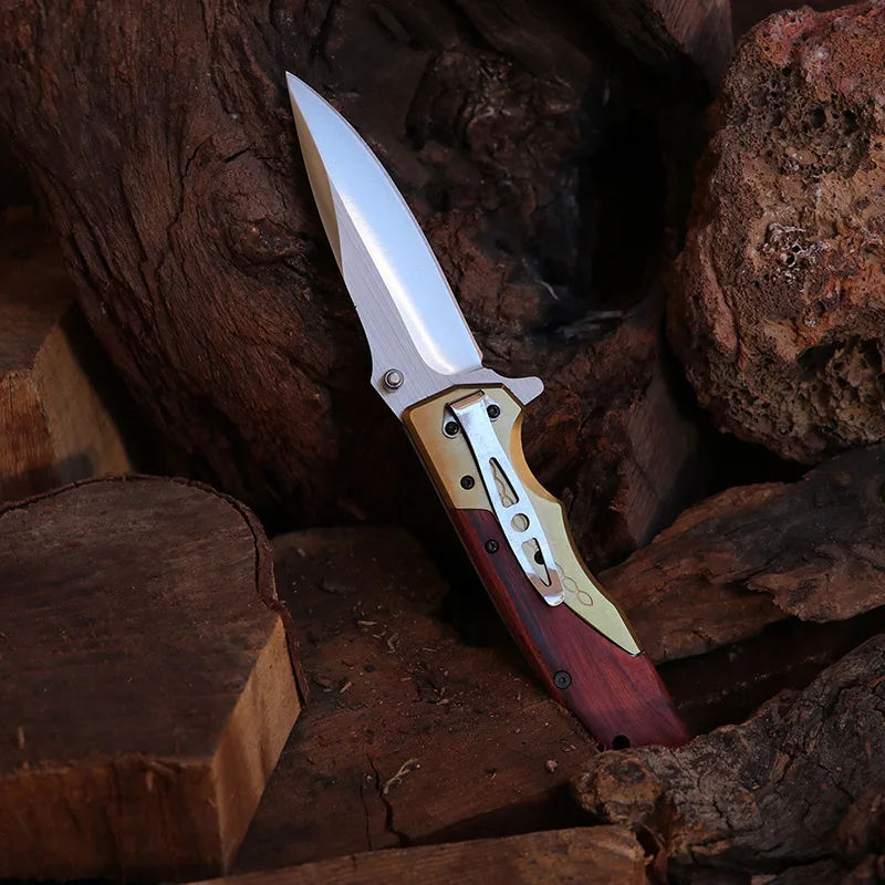 Outdoor high hardness small knife, portable self-defense sharp knife, folding copper head sour branch wood small military knife