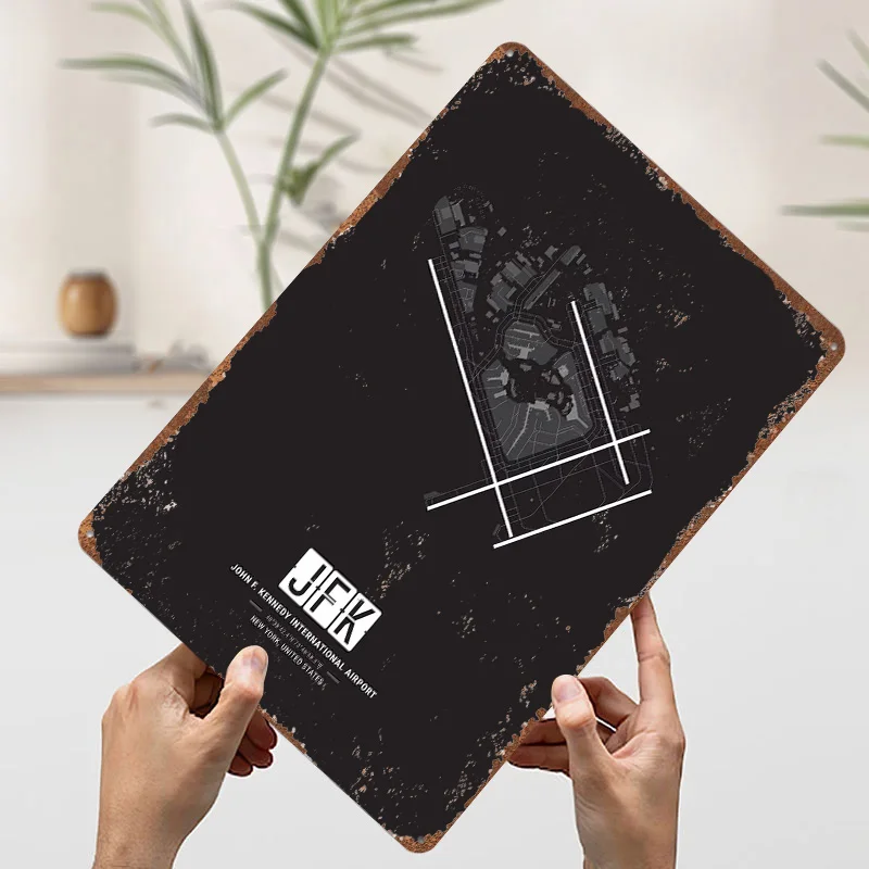 JFK مطار خريطة تين تسجيل الجدار ملصق فني خمر علامات معدنية الرجعية للديكور المنزل لوحات معدنية ديكور الحمام ديكور