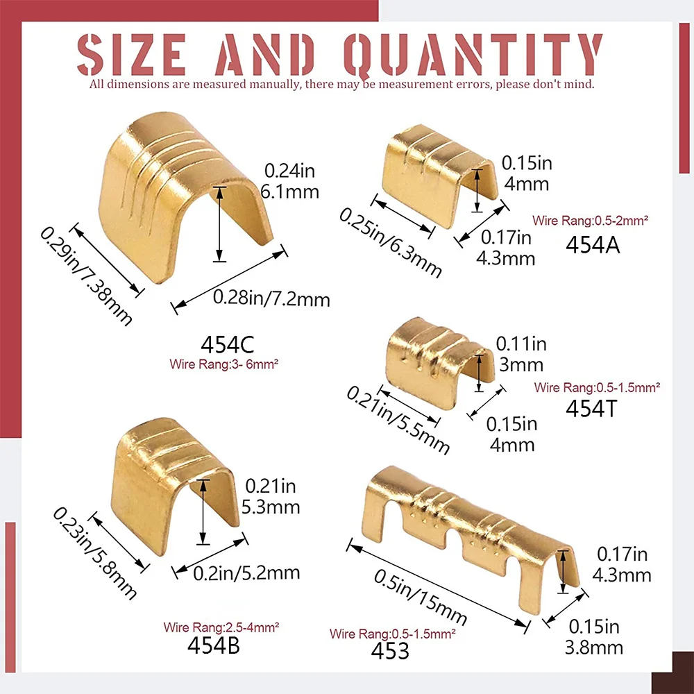 Kit de crimpado de terminales de anillo de cobre en forma de U, surtido de cables no aislados, conector eléctrico a tope, 500, 454, piezas