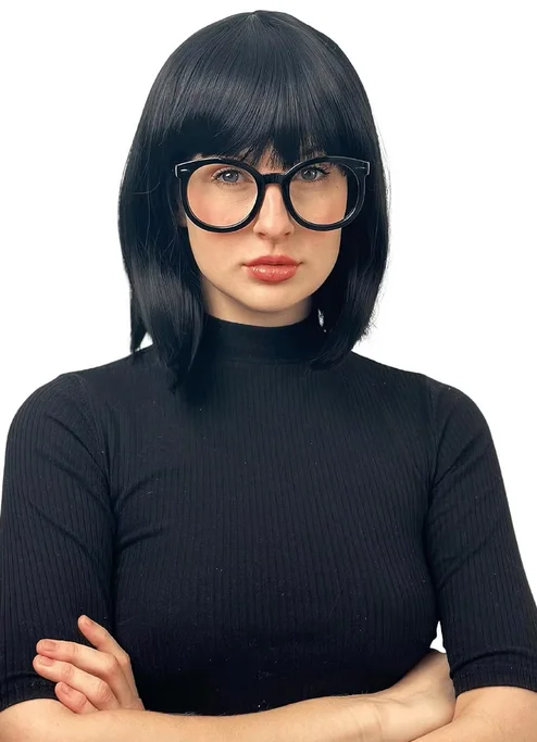 Incredible Edna Mode Wig and Glasses - Black Flapper Bob Wig with Bangs 20s Wig Costume 1920s Flapper Wigs for Women - Girl Wig