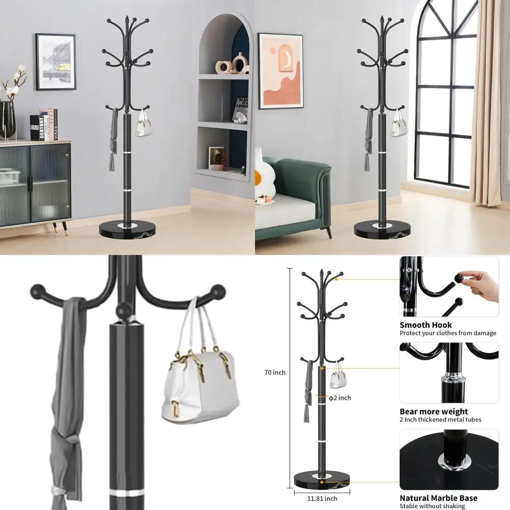 

Современная чёрная напольная вешалка для одежды с 12 крючками и основанием из натурального мрамора для стильного прихожей, коридора и офиса