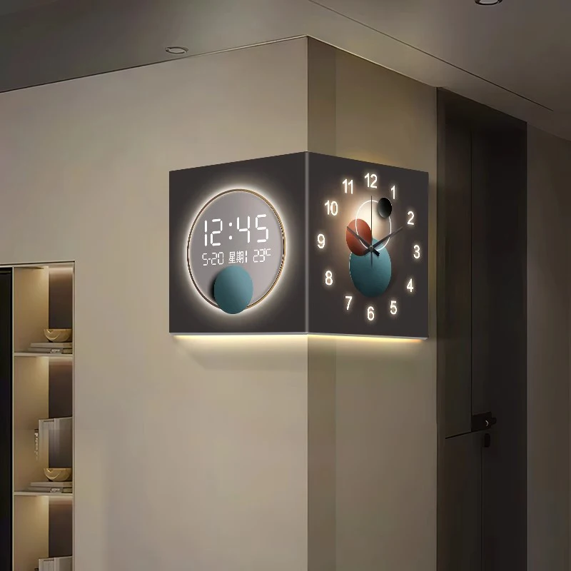 Starry Sky & Moon Pattern Corner Double-sided Wall Clock (Pointer Style) Acrylic Silent Clock Suitable for Living Room