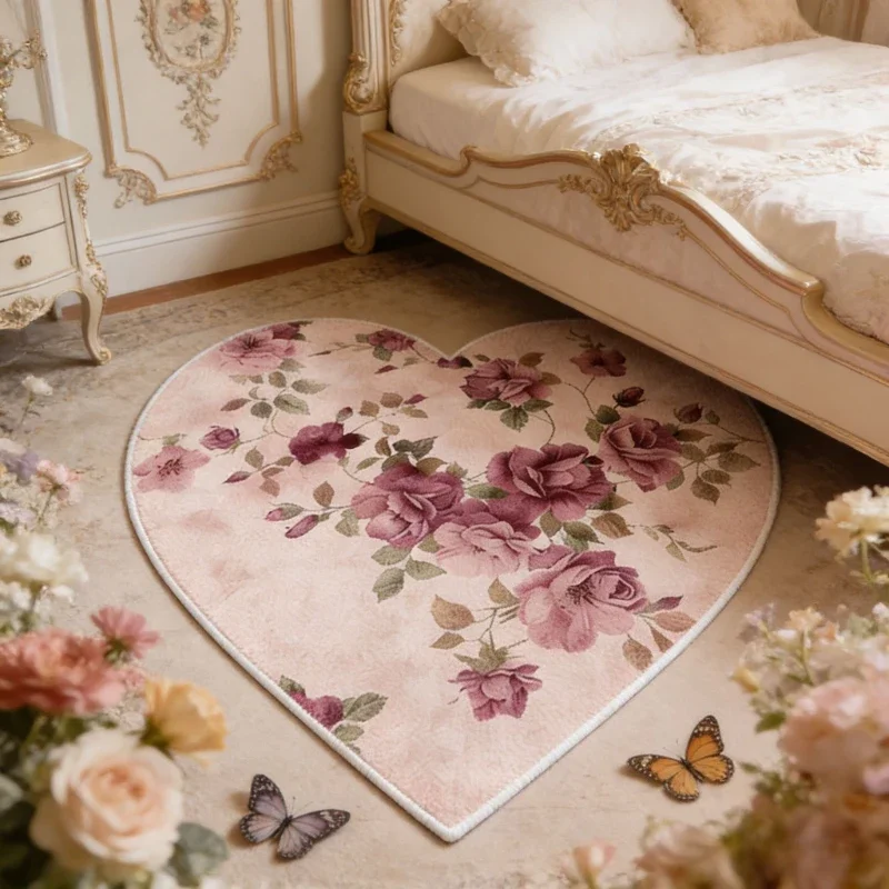 Flower Pattern Bedroom Decor Pink Carpet Home Thick Plush Rug Heart Shape Carpets for Living Room Fluffy Soft Bedside Floor Mat
