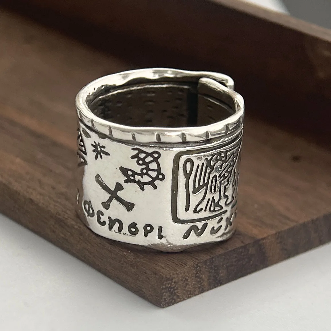 Women's 925 Sterling Silver Minimalist Wide Pattern Ring, Handmade
