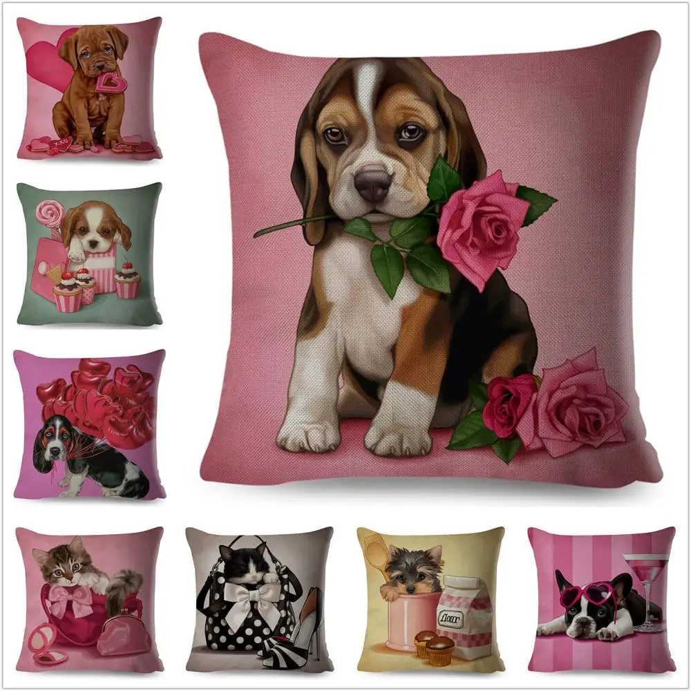 

Cute Pink Dog Pillowcase Dog Flower Cotton Linen Pillow Case Home Decor Boy Girl Kids Room Sofa Bed Car Living Room 45x45cm