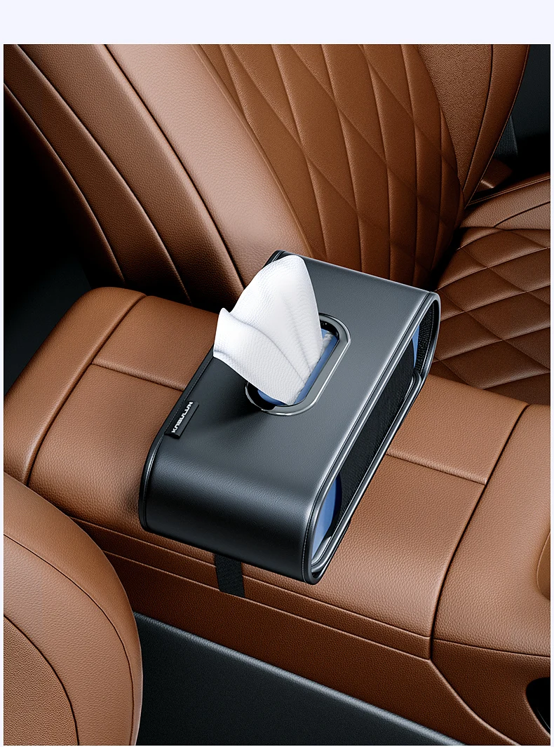 1 Stück Auto-Taschentuchbox, am Fahrzeug montierte Taschentuchbox, Auto-Taschentuchspender, multifunktionales elastisches Band aus Leder, für Mittelkonsole – Detail 3