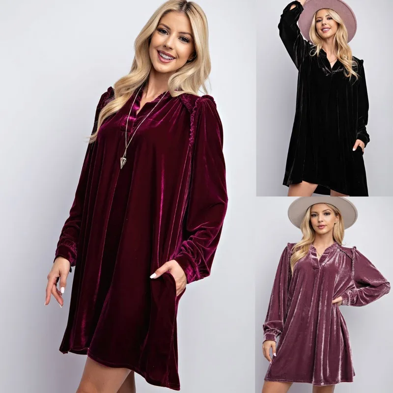 

Women's Spring and Autumn Top Dress Solid Color Straight Cut Velvet Retro Simple Comfortable Loose Casual Niche Versatile Skinny
