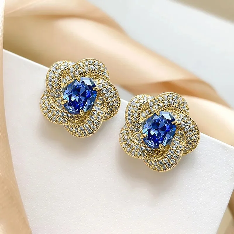 2024 European and n foreign trade imitation Tanzania blue earrings, egg-shaped temperament socialite round face