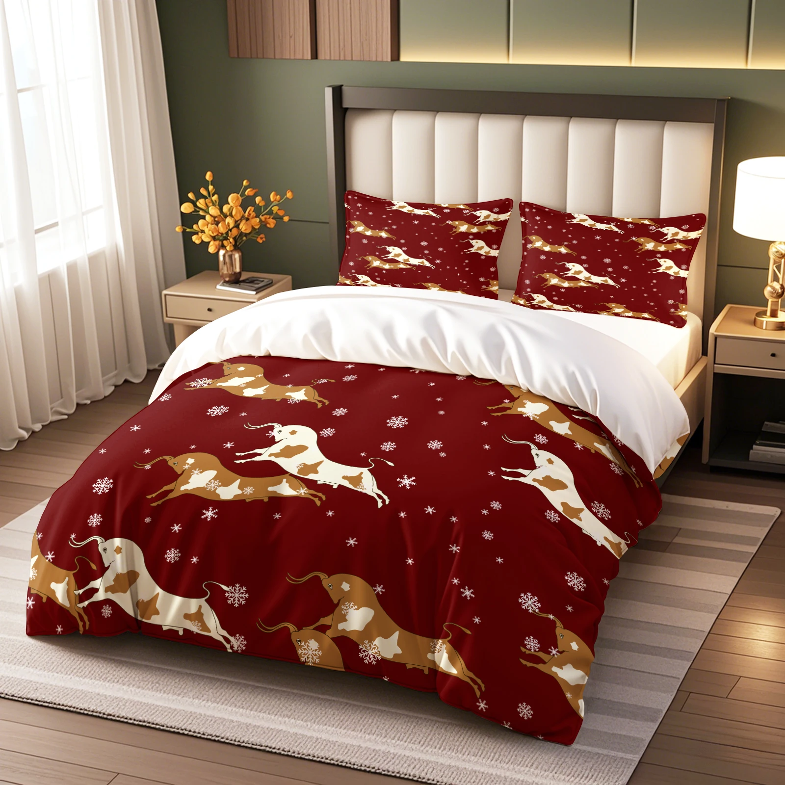 2/3Pcs Christmas Longhorn Duvet Cover Set with 1/2 Pillow Shams, Soft Breathable Holiday Bedding Set, No Duvet Insert