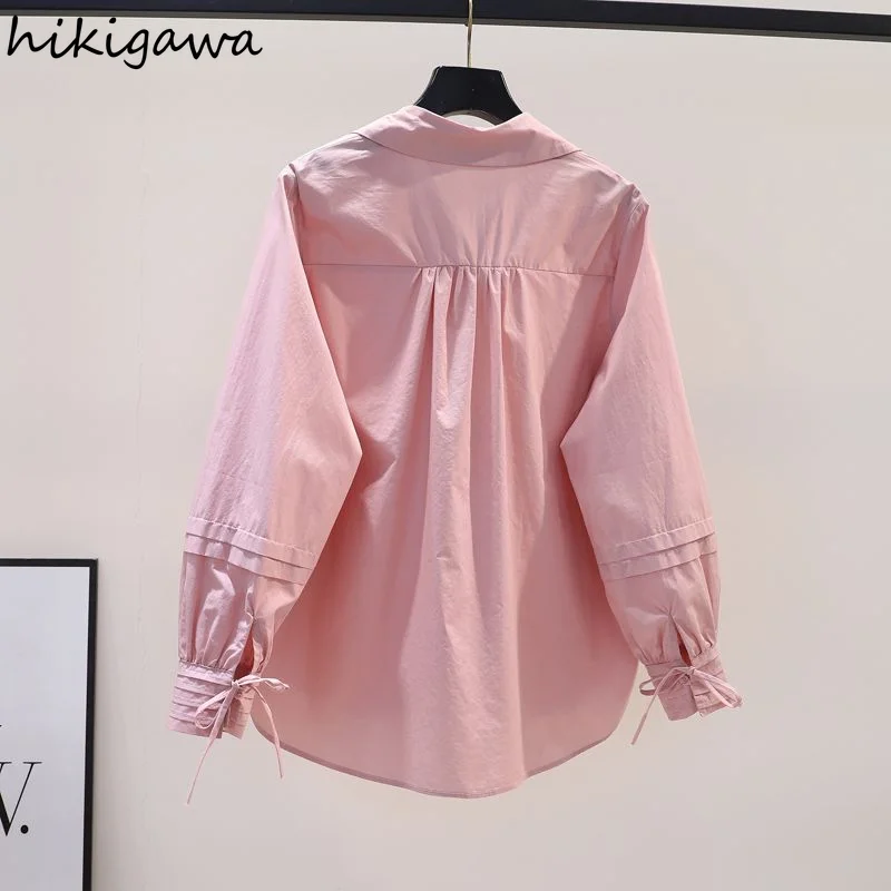 Vintage Blouse for Women 2023 Faldas Mujer De Moda Summer Oversized Tops Folds Bandage Long Sleeve Fashion Shirts Blouses 27p880