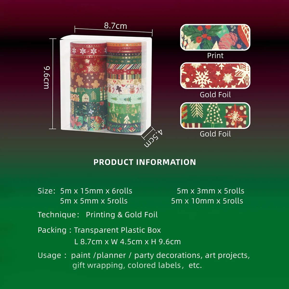 21ロール/箱、クリスマス柄ブロンズ加工和紙テープ、ホリデーパーティーDIY、フォトフレーム、ギフトボックスの装飾ギフトに最適