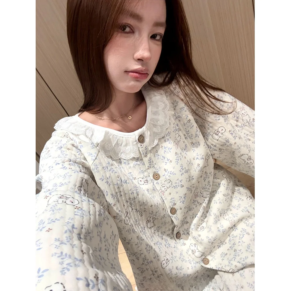 

Korean Style Floral Rabbit Clip Cotton Sleepwear Women's Long Sleeve Home Clothes Set Warm Outerwear Suitable for Autumn Winter