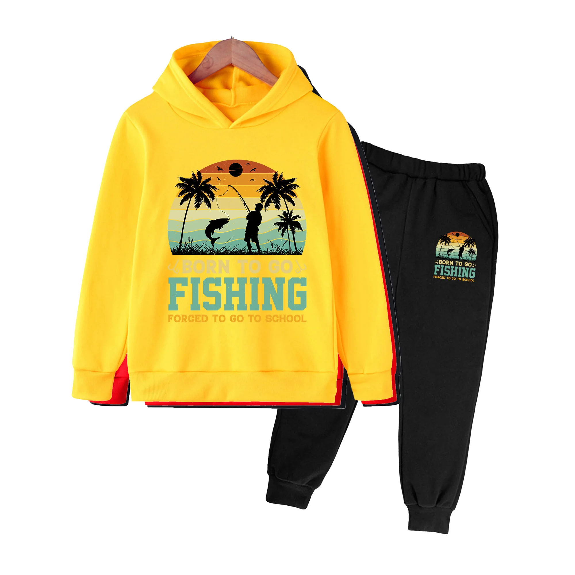 Boys Girls Hoodie & Pants Set, Retro Fishing Print Casual Tracksuit, Outdoor Beach Daily Wear Outfit