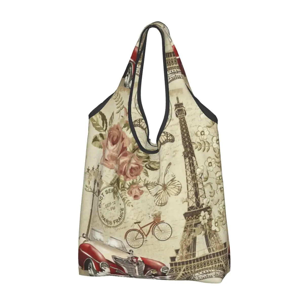 Recycling Vintage France Paris Eiffel Tower Shopping Bag Women Tote Bag Portable Flower Pink Grocery Shopper Bags