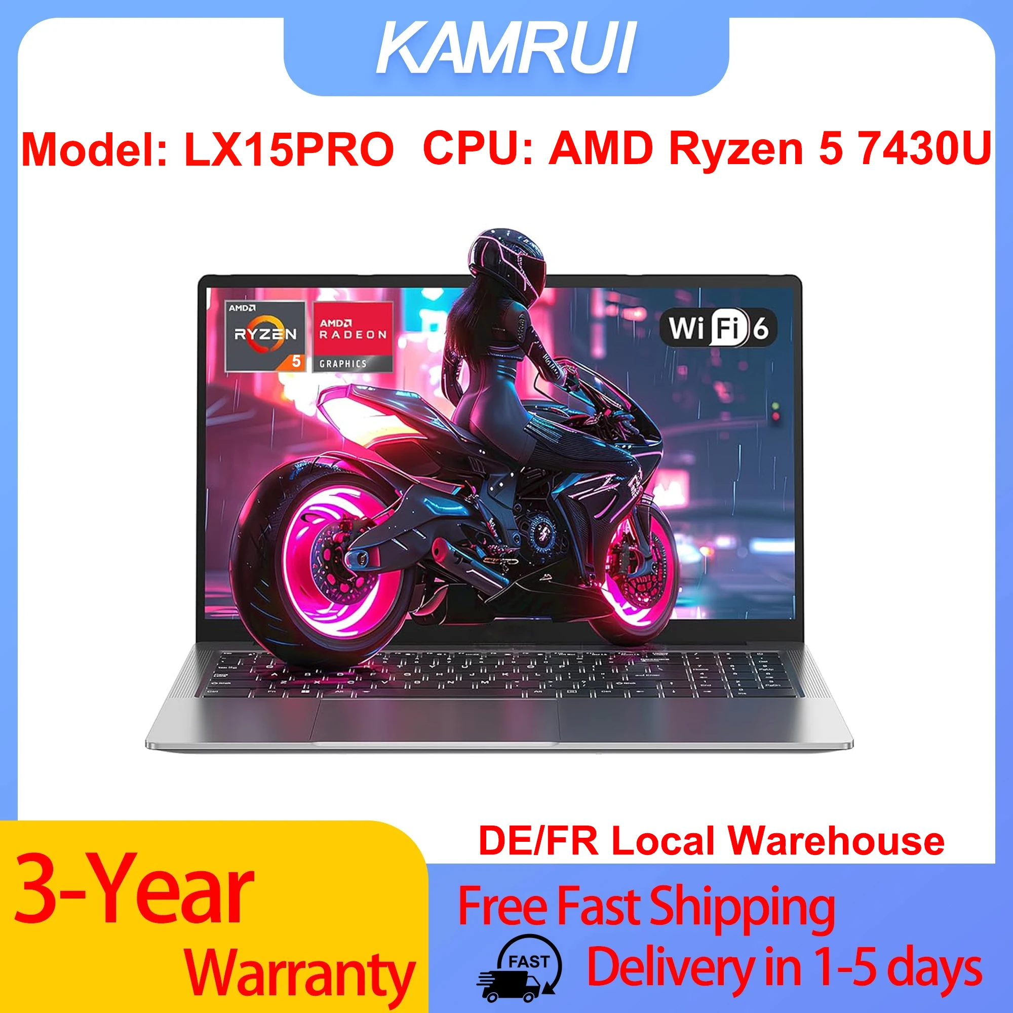 KAMRUI LX15PRO AMD Ryzen 5 7430U Gaming Laptop 15,6 inch FHD LPS 16GB DDR4 512GB M.2 SSD Windows 11 Pro 180 ° Flip Wifi6 Bt5 Kantoorcomputer Notebook