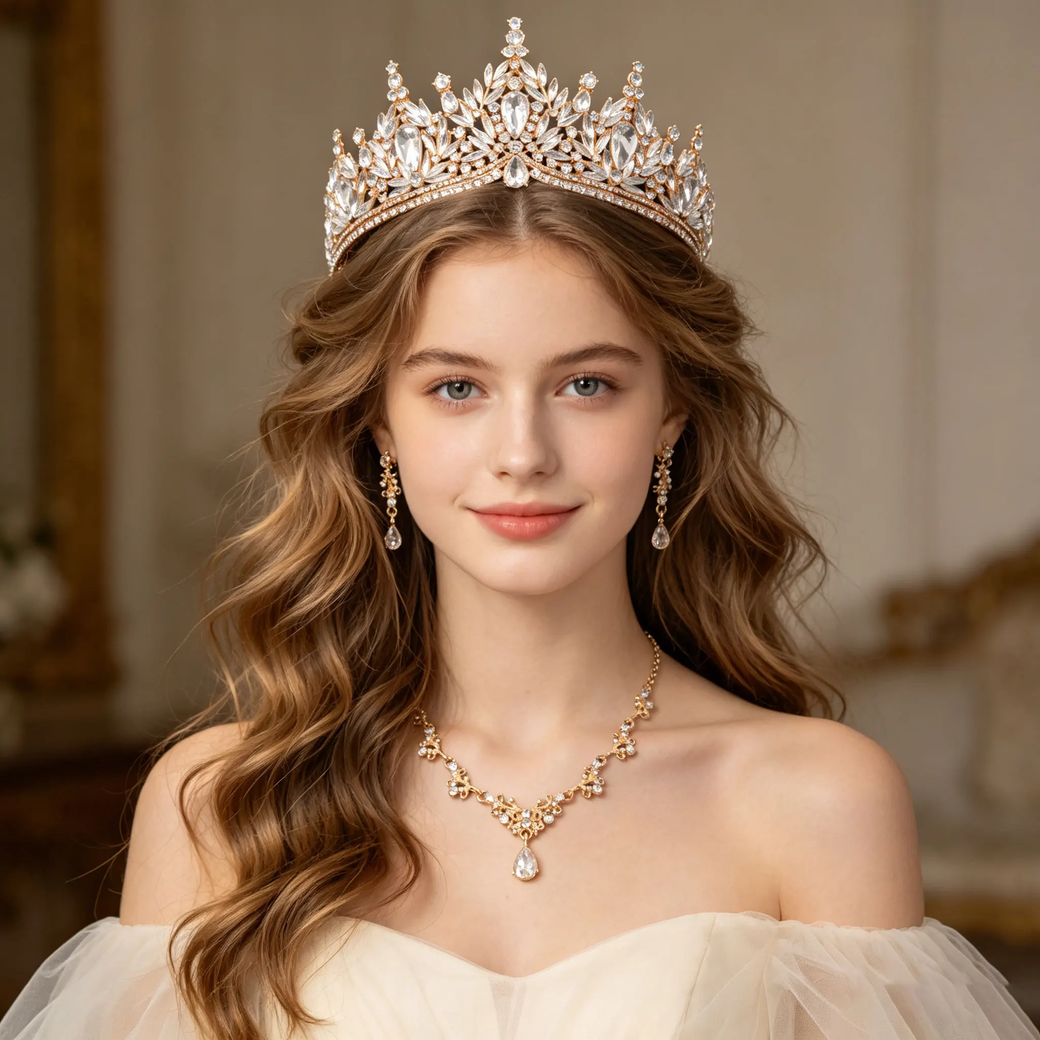 Luxury Clear Rhinestone Bridal Crown Jewelry Set Gold Tiara Necklace Drop Earrings Wedding Queen Hair Jewelry for Bride
