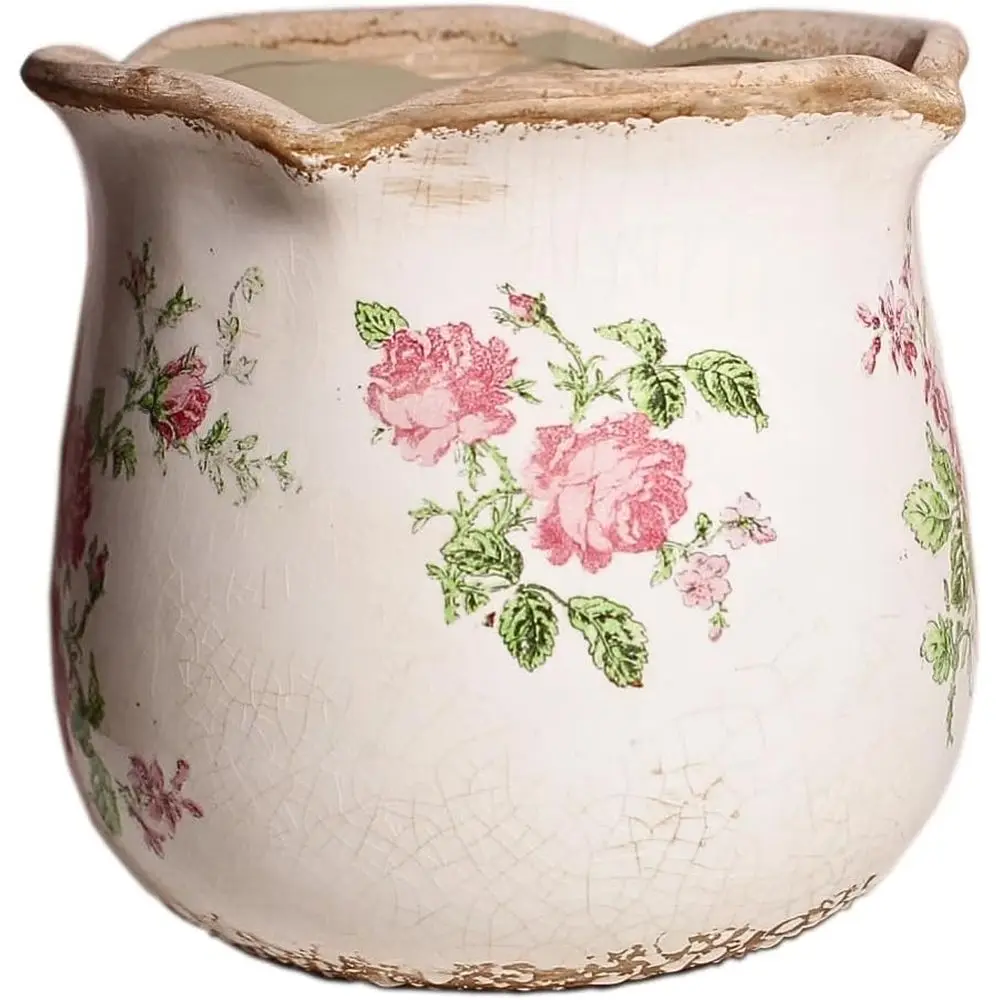 6.11 Inch Vintage Ceramic Planter with Drainage, Country Chic Decor for Spring Garden, Pink Rose Floral