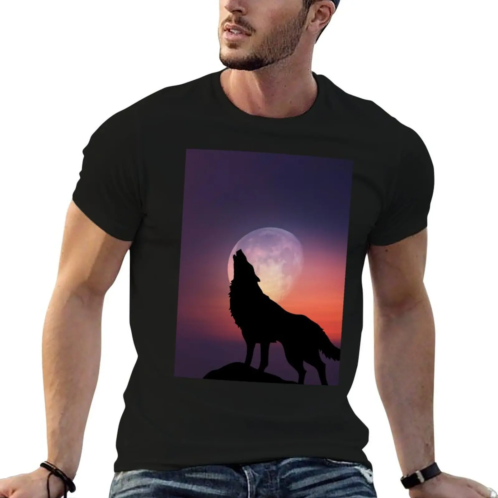 

Wolf Howling at the Moon T-Shirt t shirt custom print black cotton t-shirt plain for man package T-Shirt