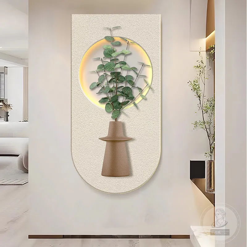 Cream style entrance hall decoration painting, living room corridor corridor, green plant painting, high-end mural lamp