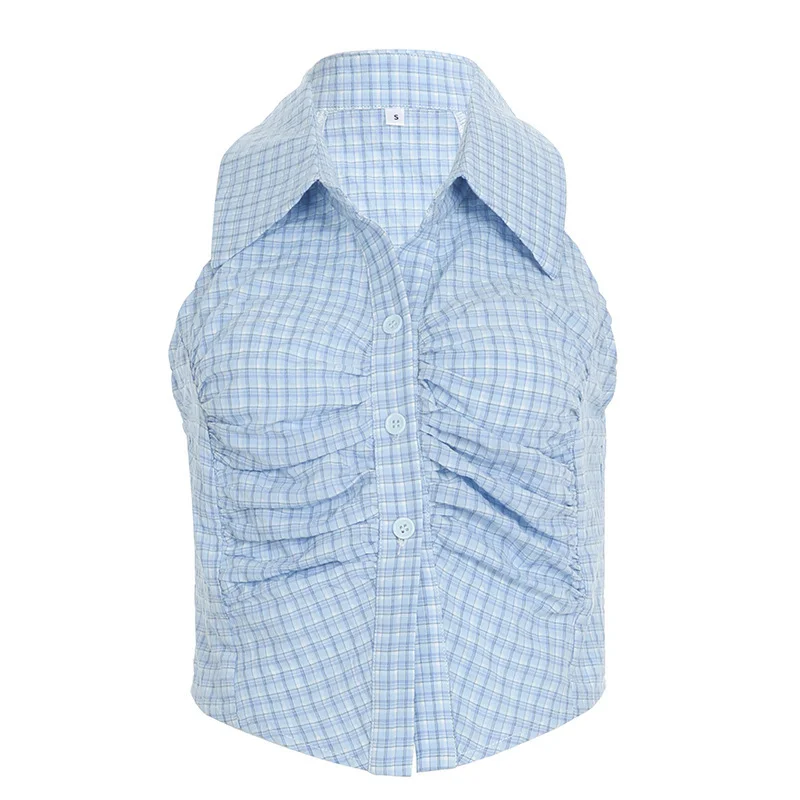 

Summer Fresh Blue Plaid Lapel Sleeveless Top With A Spicy Girl Pleated Waist Cinched Buckle Vest Shirt Design