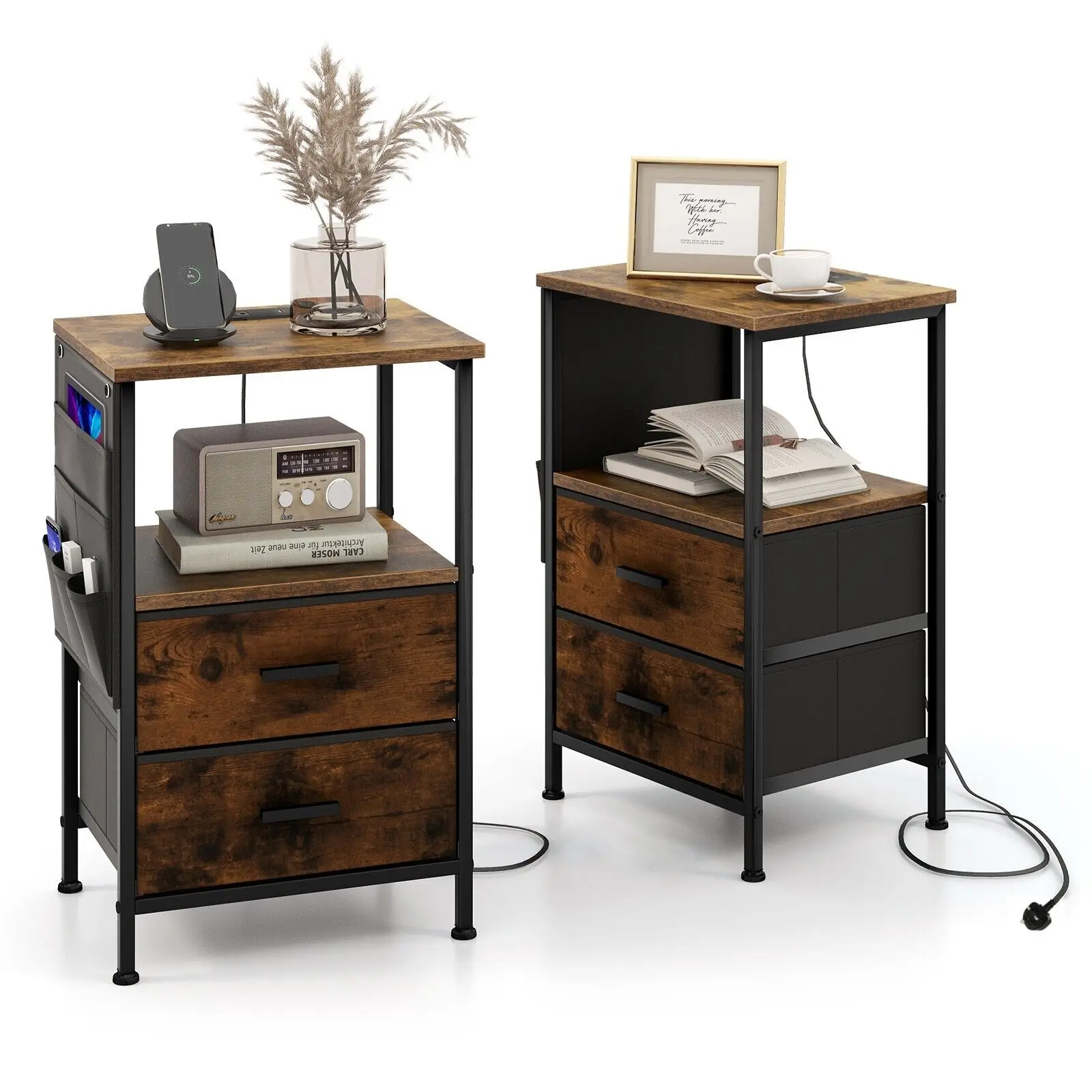 GOFLAME Set of 2 Nightstand with Charging Station Industrial Bedside Table W/ 2 Drawers