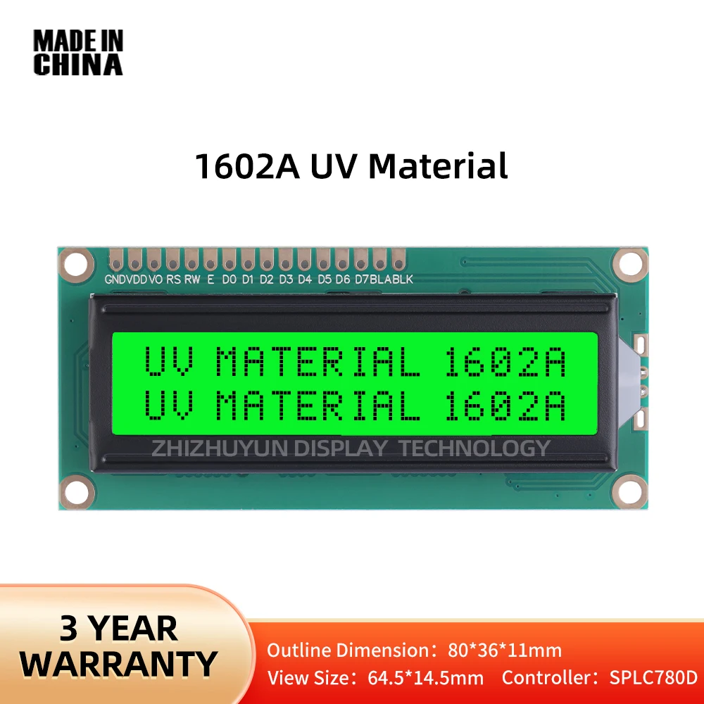 UV 소재 LCM LCD 스크린, 에메랄드 그린 라이트, 블랙 레터 LCD 스크린, 스팟 모듈, 1602A, 16x2, 16X2 1602