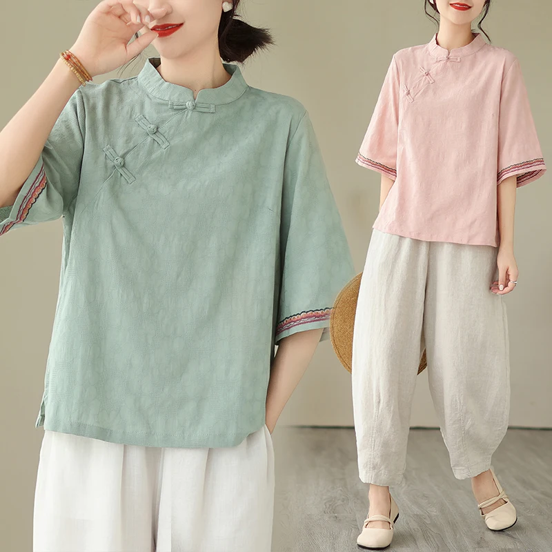 

Retro Chinese Style Short Sleeve Shirt Women's Elegant New Version Tea Costume Button Design Stand Collar Loose Fit Linen Cotton