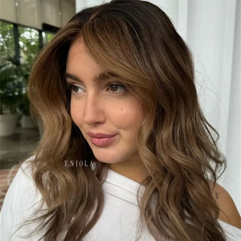 Peruka damska średniej długości, miękka, ombre karmelowy brąz, HD niewidoczna syntetyczna peruka typu lace front, gotowa do wysyłki, cosplay, na co dzień, na imprezę.