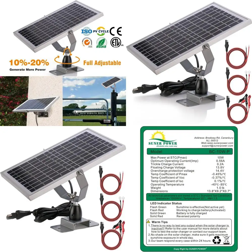 

10W 12V Solar Battery Maintainer with Smart MPPT Controller and Adjustable Mount for Car, Boat, RV, and Marine Use