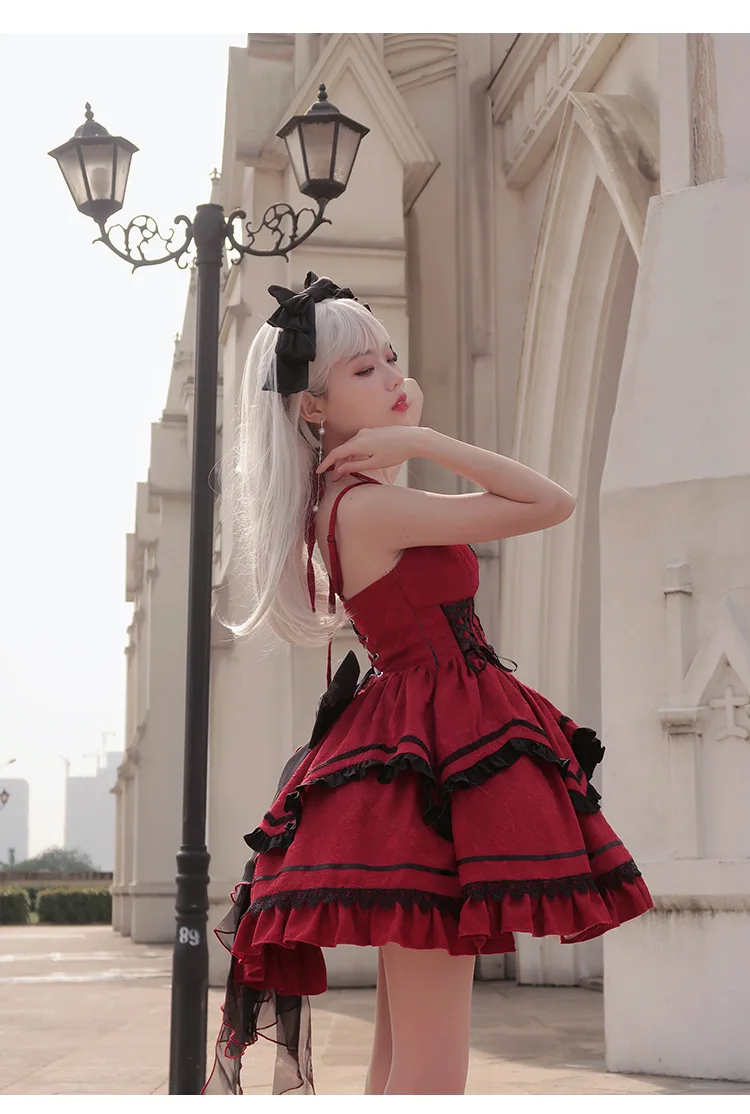 French Romantic Style Jsk Lolita Cosplay Sweet Girls Gothic Vintage Princess Dark Helloween Tunic Bowknot Backless Ruffle Dress