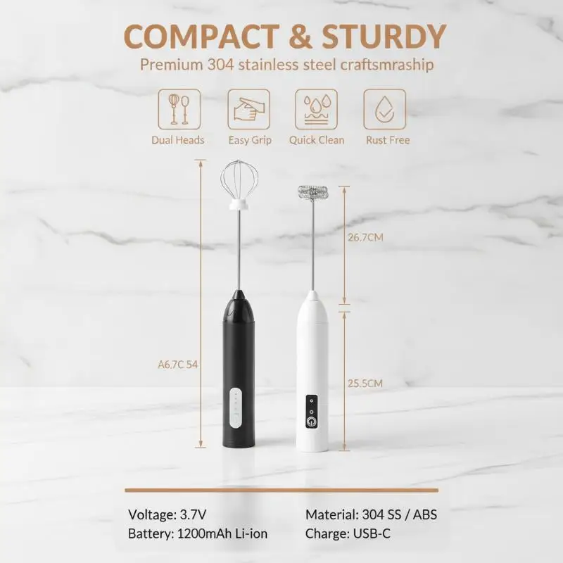 Electric Milk Frother Dual Stick Rechargeable 3-Speed Handheld Egg Beater Coffee Frother Cream Foamer Maker Type-C Rechargeable