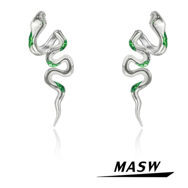 

MASW High Quality Metal Snake Earrings 2022 New Trend Cool Design Thick Silver Plated Green Earrings For Women Jewelry Gifts