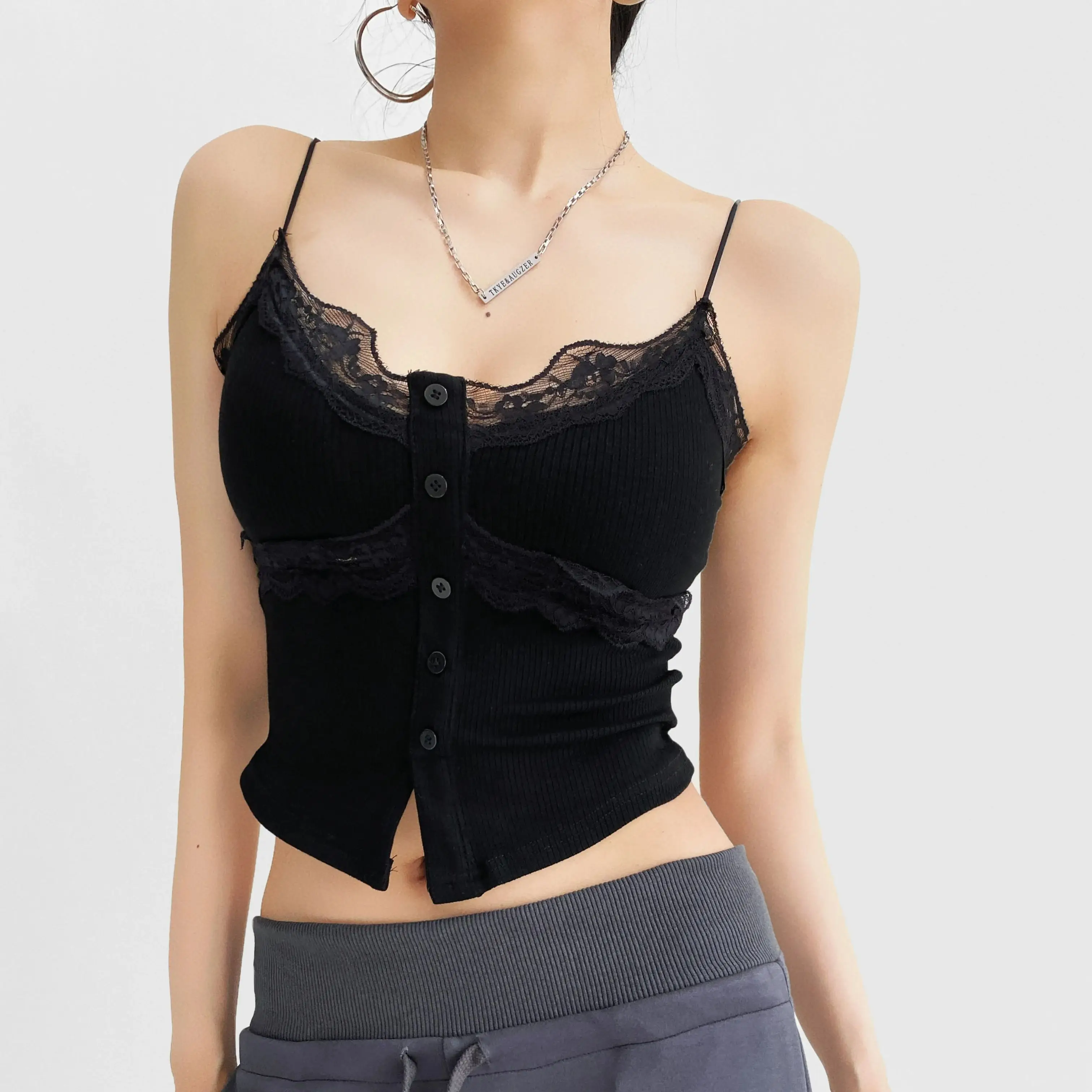 5 Colors Sexy Spliced Lace Rib Knitting Cotton Camisole Camis Women Summer Bra With Pad Tank Tops Girl Slim Crop Top