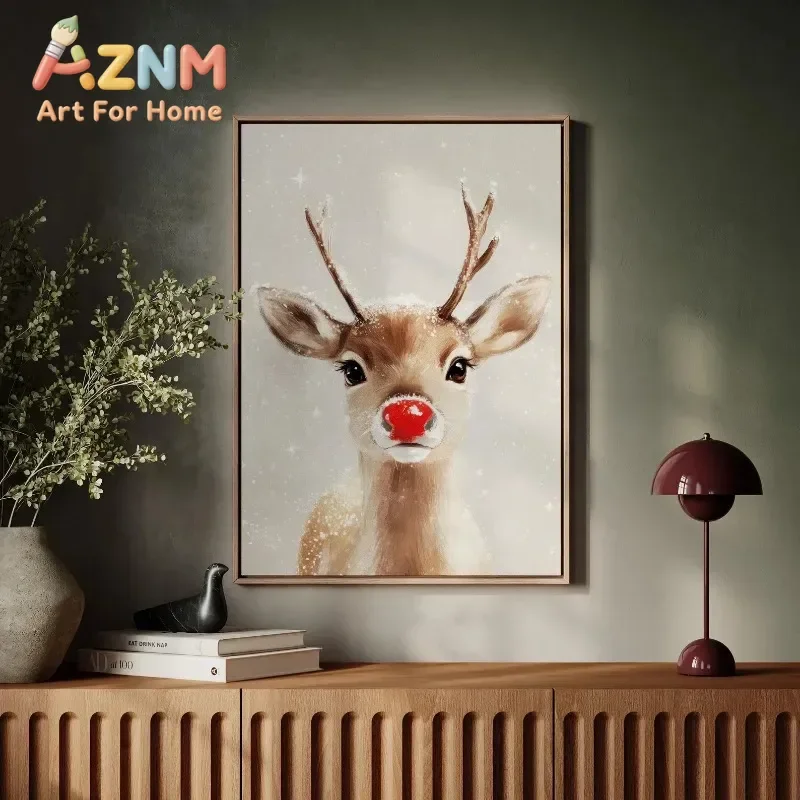 AZNM Cute Rudolph Red Nose Reindeer Canvas Wall Art Snowy Winter Christmas Animal Portrait Art Print Unframed Canvas Poster for