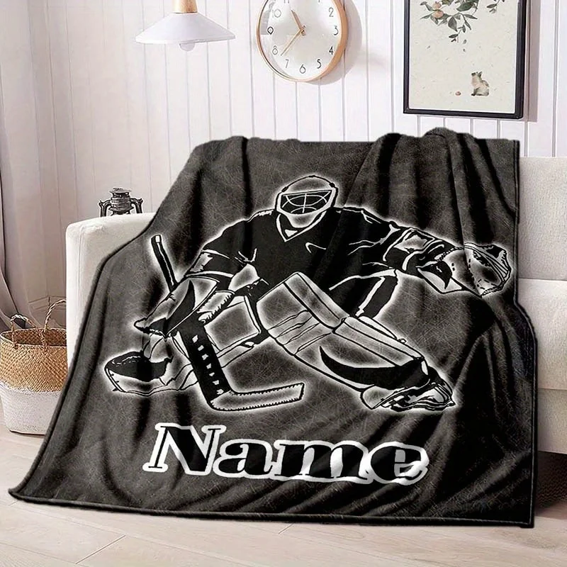 1pc Customizable Black Hockey Blanket – Soft, Warm & Cozy Personalized Throw with Hockey Player Design for Home, Office