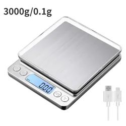 Digital Kitchen Scale 3000g/ 0.1g USB Charging with 2 Trays Home Jewelry Pocket Scale with LCD Display Digital Food Scales