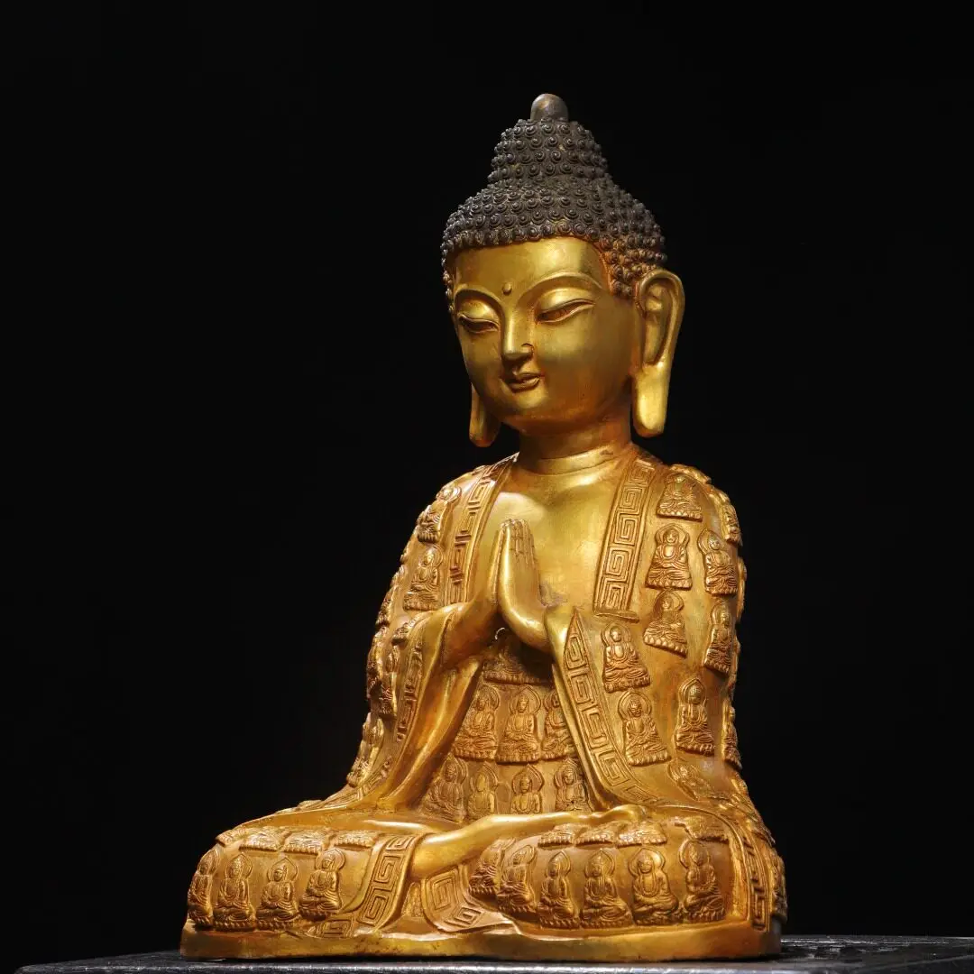 Gold Plated Copper Shakyamuni Thousand Buddhas Robe Statue Vintage Desktop Decor