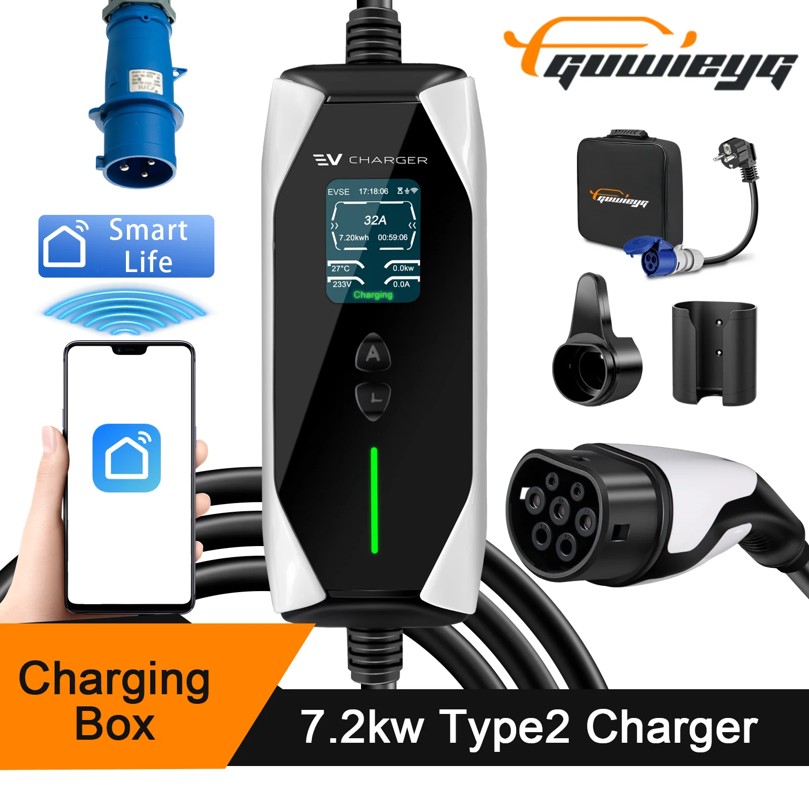 GUWIEYG Type2 Portable EV Charger 7.2KW 32A 5Meter Cable IEC 62196-2 Wallbox EVSE Fast Charging  APP Control